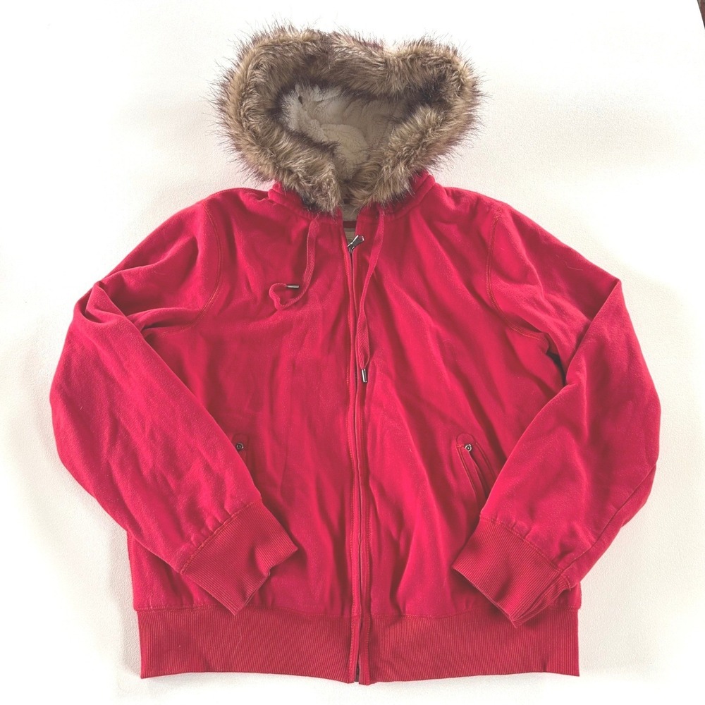 Womens Y2K Zip Up Hoodie Red Faux Fur Trim Sherpa Lined Jacket Green Tea L